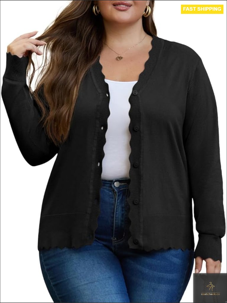 Plus Size Cardigan Long Sleeve V-Neck Buttons Down Ribbed Wave Edges Casual